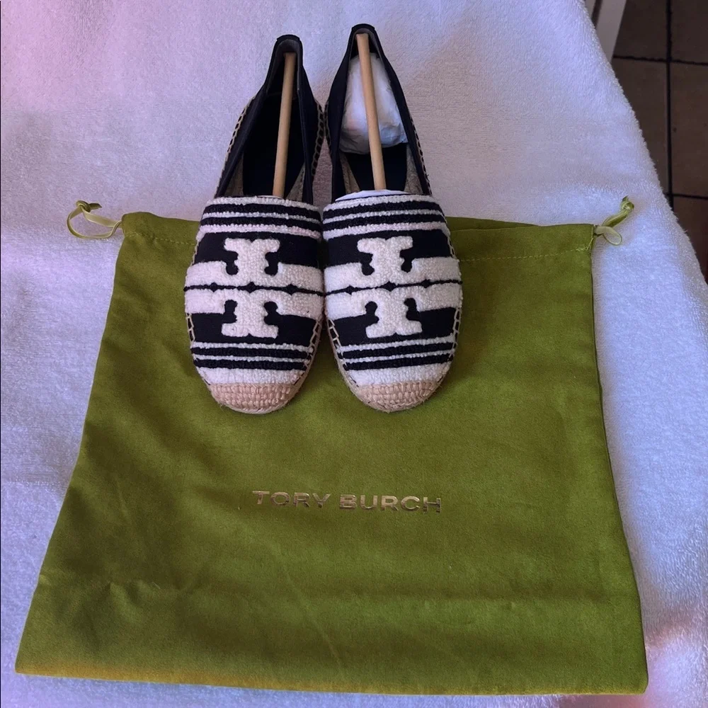 Tory Burch Black and Natural Stripe Espadrille Slip-Ons